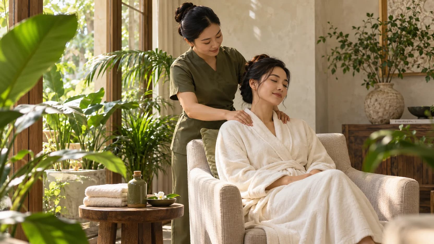 Minh họa AI: kỹ thuật viên massage vai cho khách trong không gian tại nhà với cây xanh.
